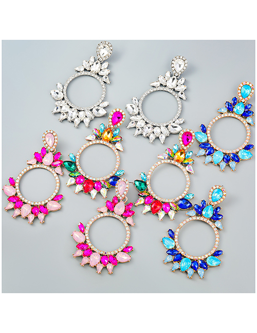 Fashion Pink Alloy Diamond Cutout Round Drop Earrings