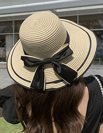 Fashion English Bowknot Coffee Straw Hat With Bowknot Large Brim Sunhat