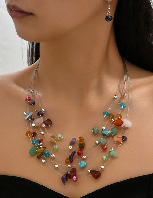 Fashion Color Alloy Geometric Gravel Multi -layer Necklace Ear Pendant Set