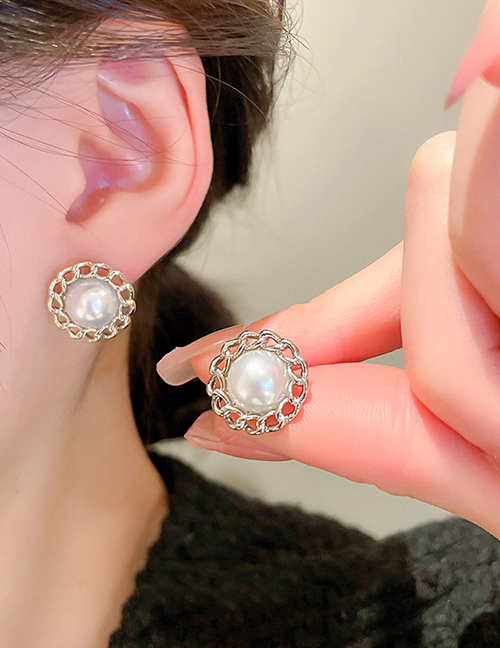 Fashion Silver Chain Wrap Pearl Stud Earrings