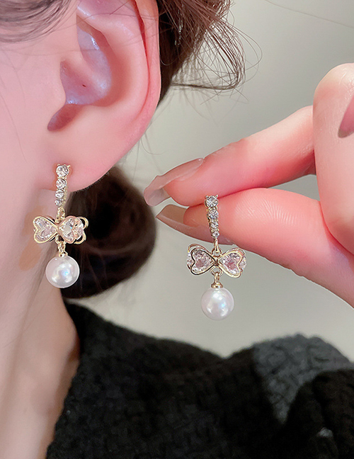 Fashion Gold Alloy Diamond Bow Knot Pearl Earrings