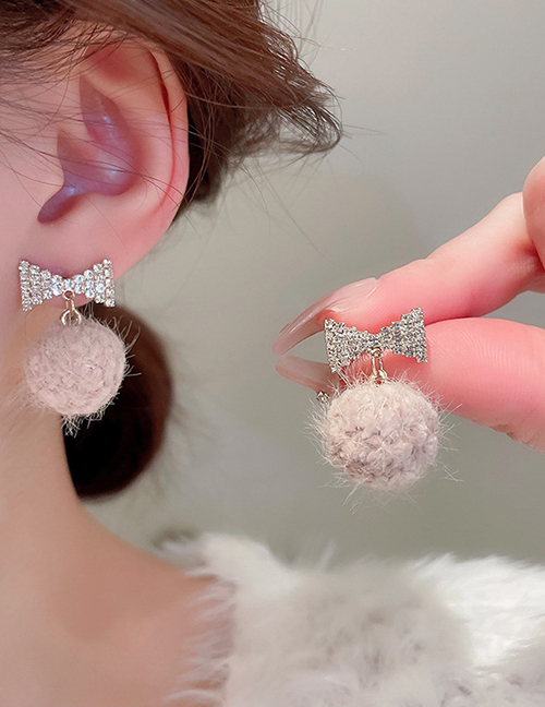 Fashion Khaki (ribbon) Geometric Diamond Bow Pom Earrings