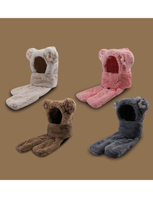 Fashion Children's Double Bear Three-piece Lotus Root Powder Faux Cashmere Bear Bib Gloves And Hat Three-piece Set