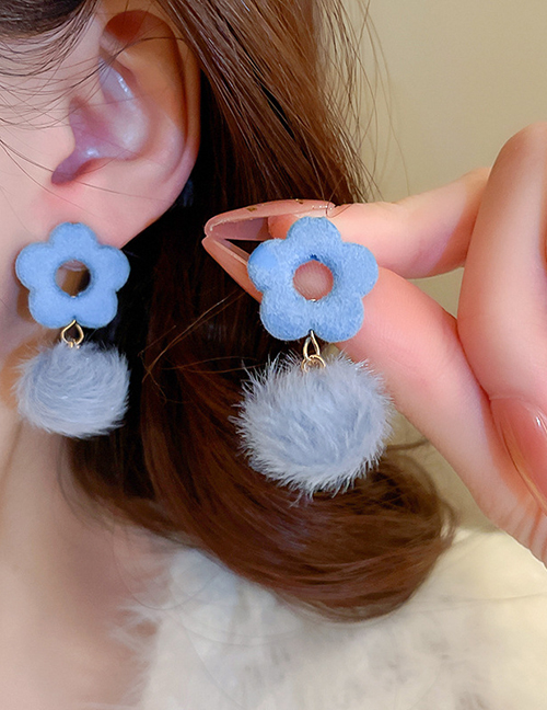 Fashion Blue Flowers Flocked Flower Pom Earrings