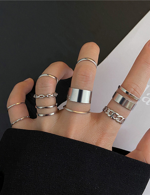 Fashion 10-piece Set Silver Metal Geometric Ring Set