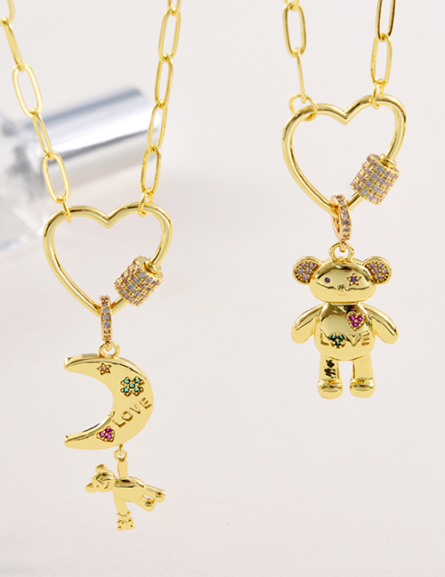 Fashion Golden 1 Copper Inlaid Zirconia Heart Crescent Bear Pendant Necklace