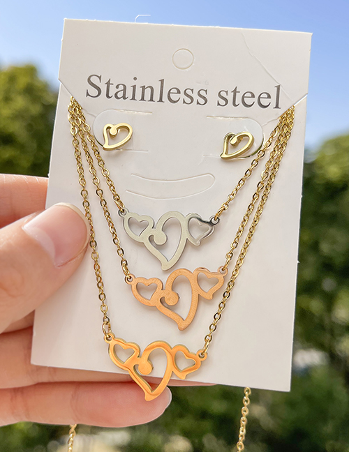 Fashion Color Titanium Steel Hollow Heart Pendant Multilayer Necklace Earrings Set
