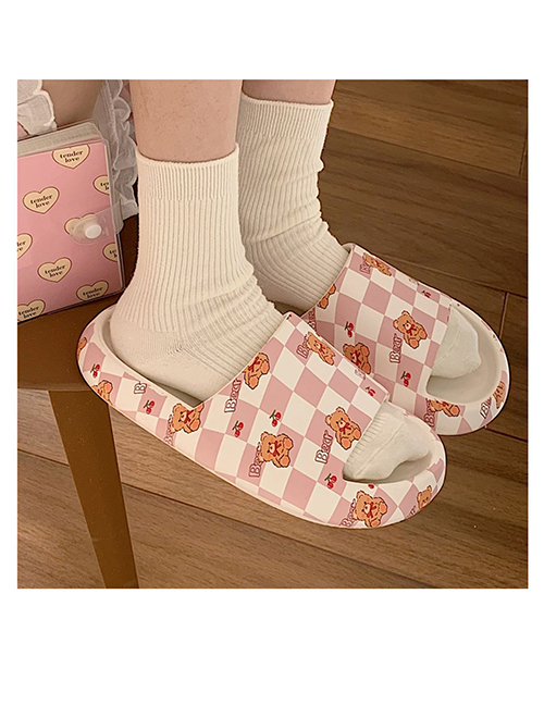 Fashion White Pink Eva Checkered Bear Thick Bottom Slippers