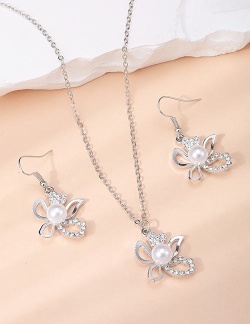 Fashion Silver Pearl Flowers Pendant Necklace Ear Ring Set