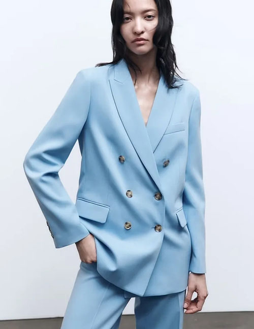 Fashion Blue Sweet Double -breasted Pocket Decorative Suit Jacket
