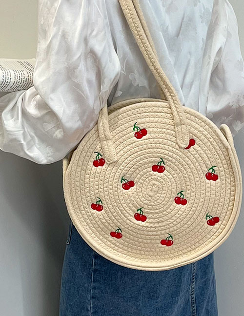 Fashion Black Cotton Wire Woven Cherry Embroidery Shoulder Bag