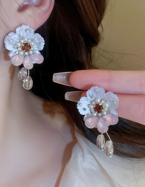 Fashion Purple Geometric Diamond Pearl Crystal Flower Earrings