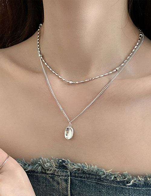 Fashion Necklace-silver (2-piece Set) Metal Geometric Bean Chain Dual -layer Necklace