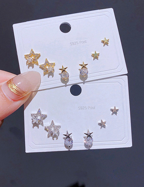 Fashion Silver Copper Inlaid Diamond Pentagon Gee Earrings Set