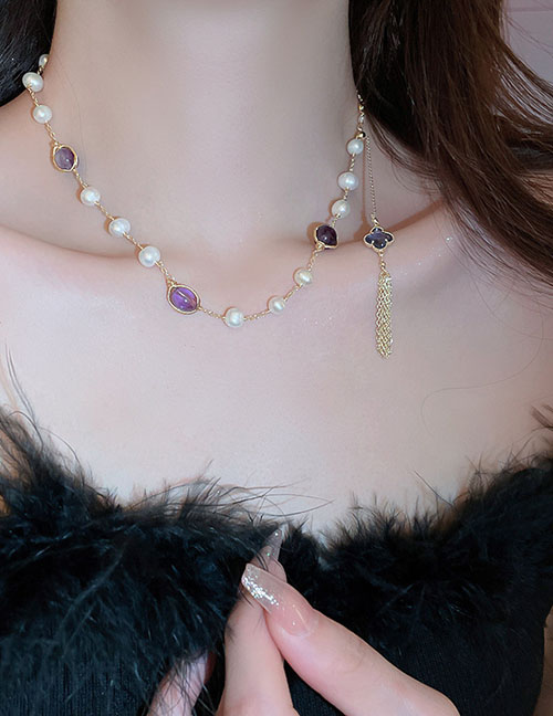 Fashion Necklace-purple Crystal Diamond Pearl Streaming Necklace