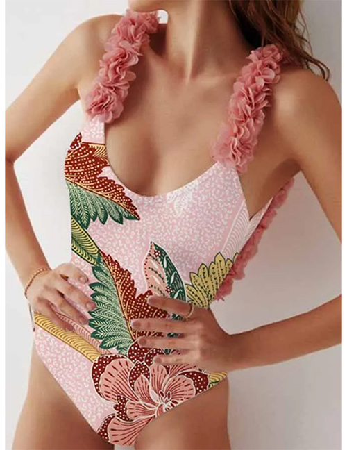 Fashion Pink Polyester Print Lace Conjoined Swimsuit