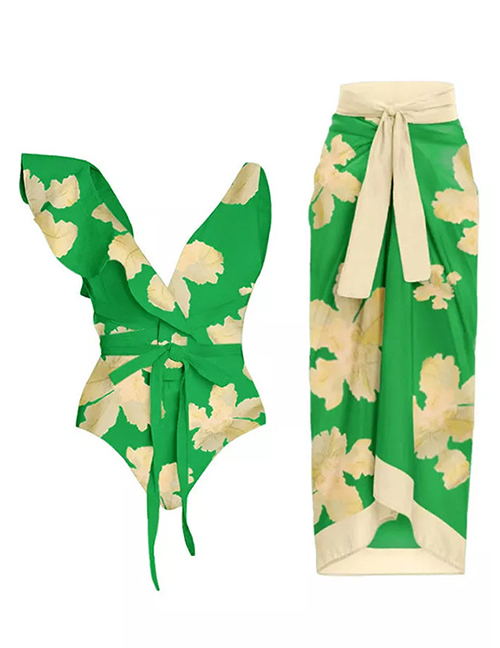 Fashion Green Polyester Lotus Leaf Printed Lace Tie Swimsuit