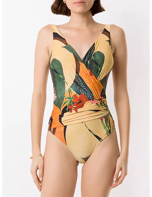 Fashion Yellow Polyester Printing Conjoined Swimsuit