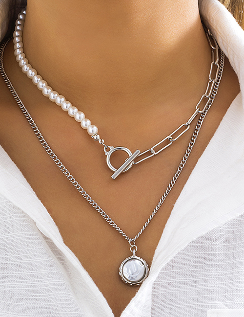 Fashion Twenty One# Alloy Pearl Beaded Figure Medallion Multilayered Necklace