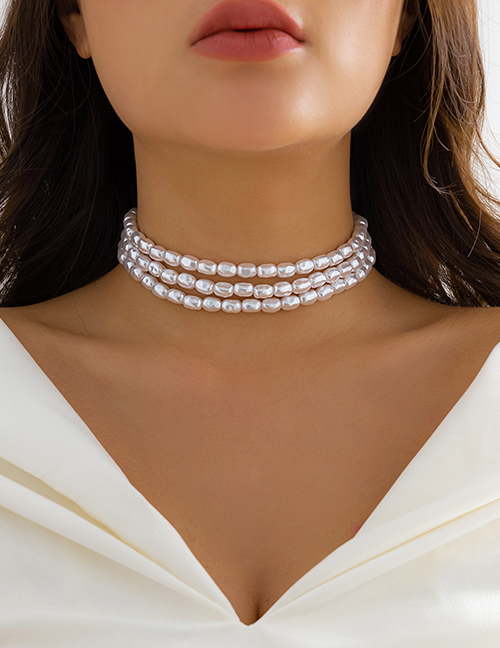 Fashion 03 White K Necklace 5562 Pearl Beaded Square Diamond Layered Necklace