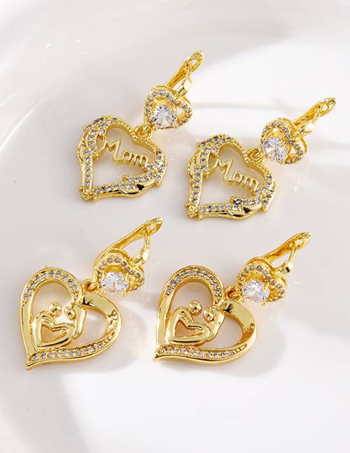 Fashion Golden 2 Copper Inlaid Zirconia Heart Letter Mom Pendant Earrings