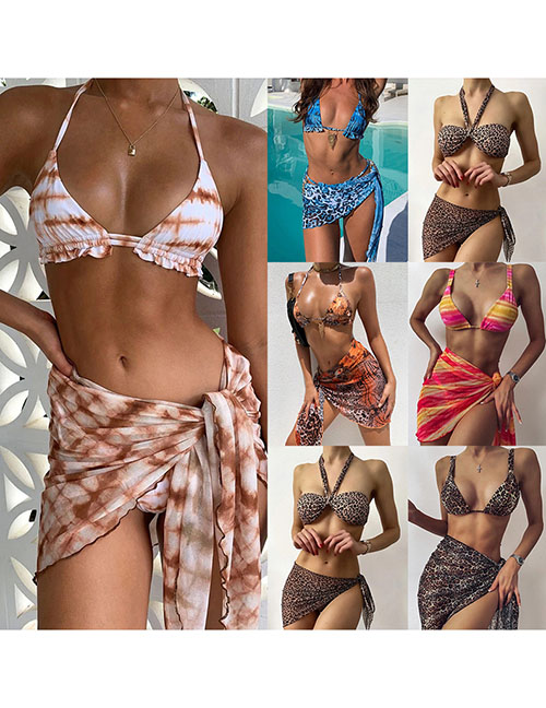 Fashion Printed Brown Polyester Printed Two-piece Swimsuit Three-piece Set