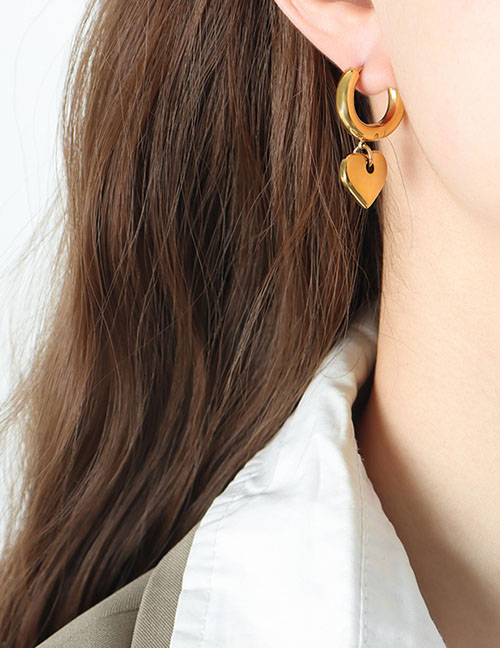 Fashion Gold Titanium Steel Three-dimensional Heart Hoop Earrings