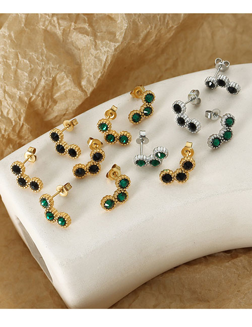 Fashion Gold Green Crystal Stud Earrings Titanium Steel Round Drill Stud Earrings