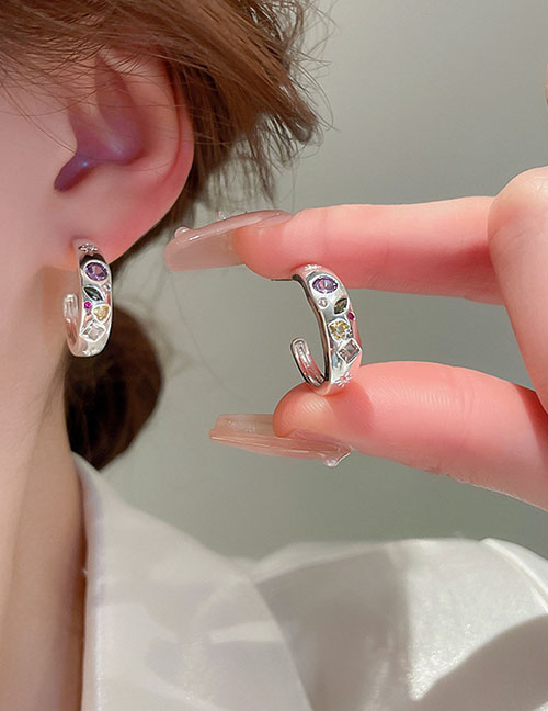 Fashion Silver Copper Inlaid Zirconia C-shaped Earrings