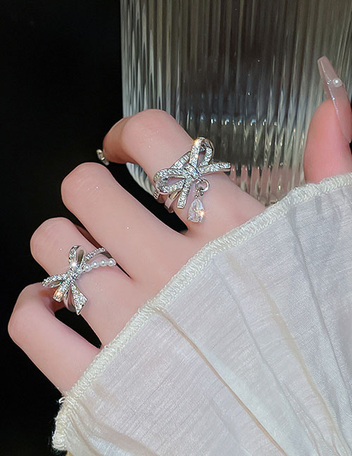 Fashion Ring - Silver (bow) Brass Zirconia Bow Open Ring