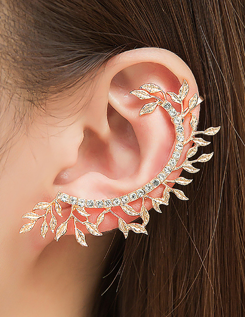 Fashion Silver Metal Diamond Leaf Stud Earrings