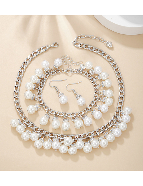 Fashion Silver Lantern Pearl Stud Earrings Bracelet Necklace Set
