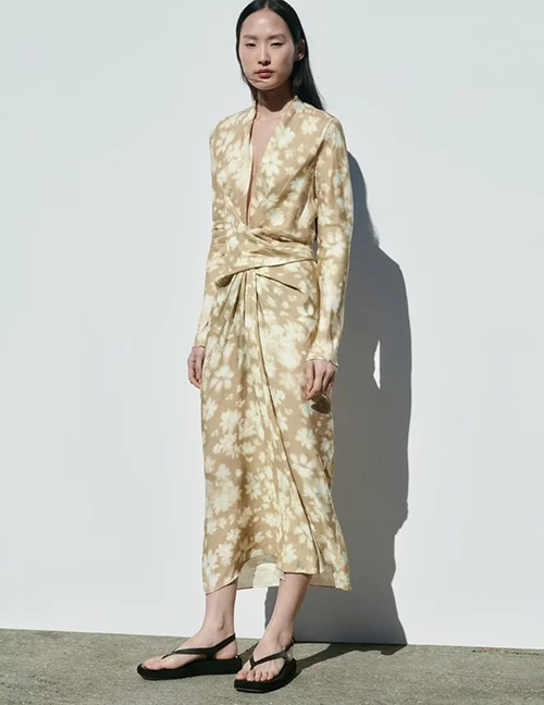 Fashion Gold Polyester Printed V Neck Dress