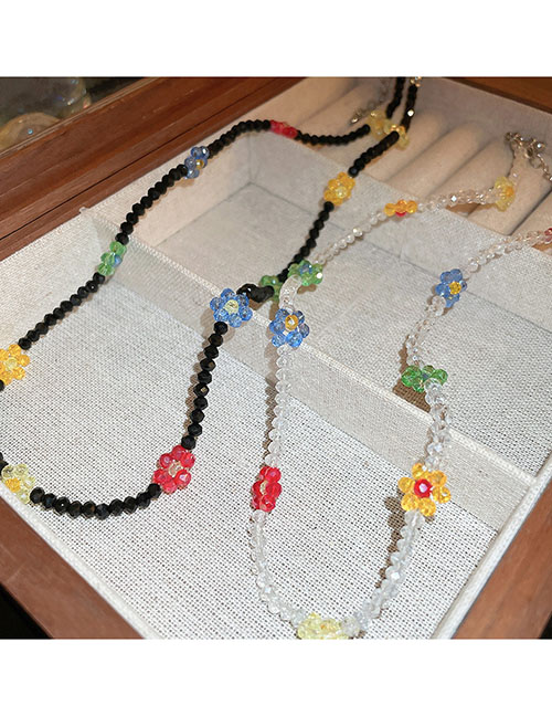 Fashion Necklace - Black Crystal Beaded Flower Necklace