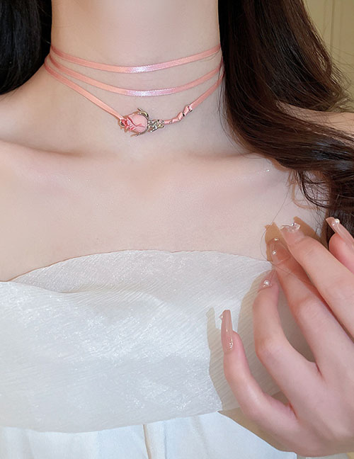 Fashion Necklace - Pink Rose Flower Layered Wrap Necklace