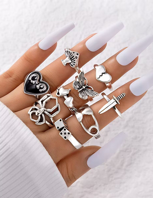 Fashion Antique Silver Alloy Heart Butterfly Sword Dice Spider Ring Set