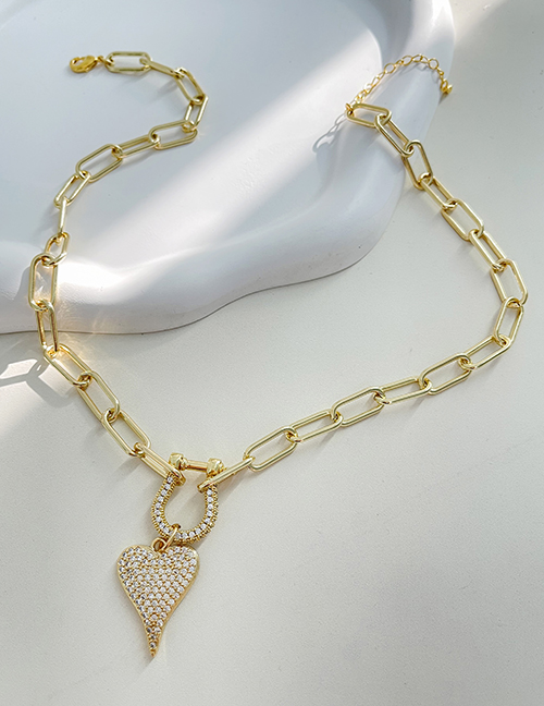 Fashion Golden 1 Bronze Zircon Heart Horseshoe Buckle Pendant Thick Chain Necklace
