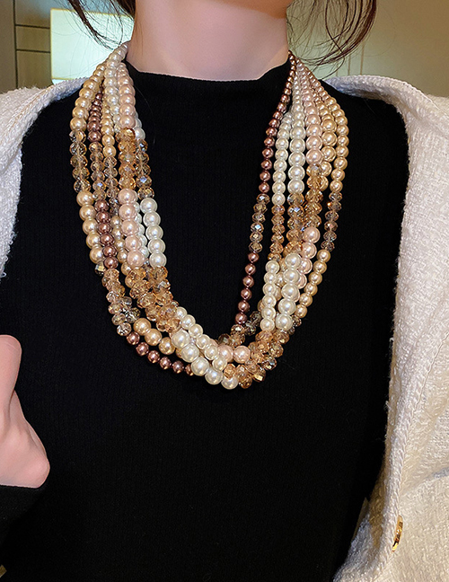 Fashion Brown Crystal Pearl Beaded Braided Layered Necklace