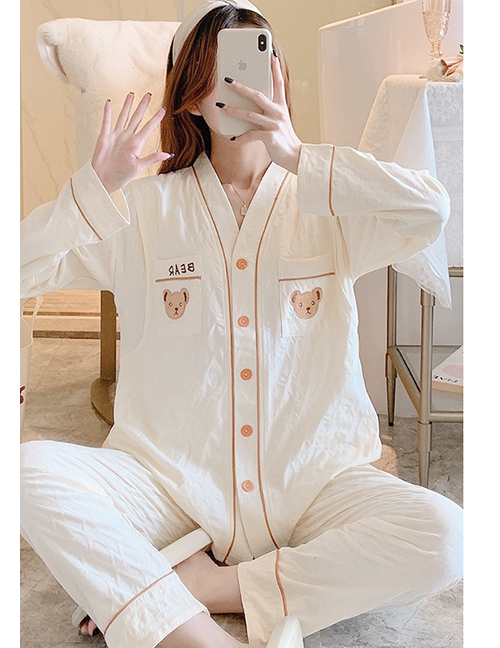 Fashion V-neck Bear Head Apricot Cotton Cartoon Maternity Pajamas Set