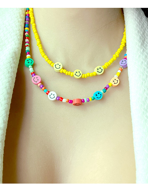 Fashion Yellow Color Colorful Rice Beads Soft Pottery Beaded Smiley Double Necklace