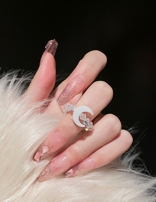 Fashion Ring - White Crystal Beaded Moon Ring