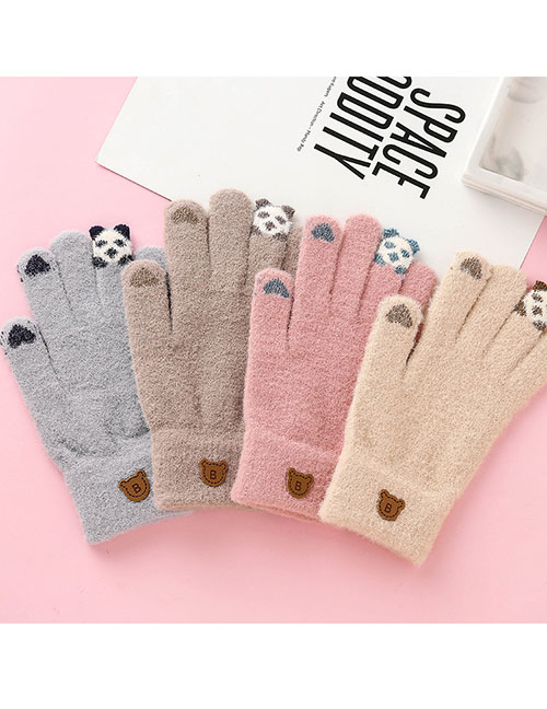 Fashion Beige Knit Panda Half Finger Flap Gloves