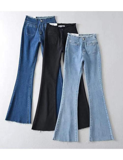 Fashion Dark Blue Frayed High-rise Flared Denim Trousers