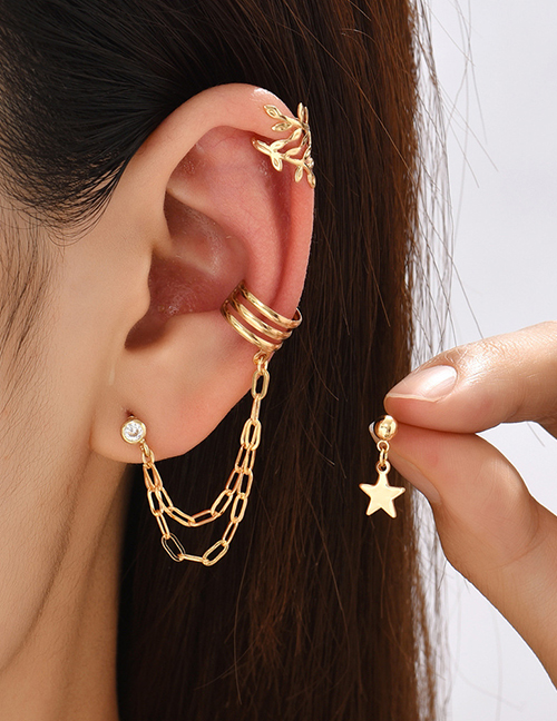 Fashion Gold Alloy Geometric Chain Leaf Pentagram Earring Set