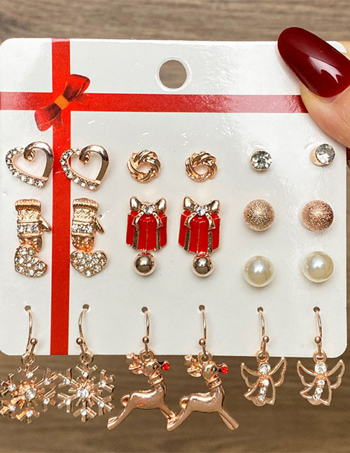 Fashion Color 4# Alloy Diamond Pearl Drop Oil Christmas Series Earrings Earrings 12 Pieces Set