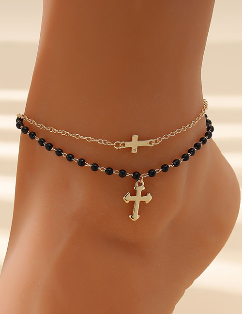 Fashion Gold Alloy Geometric Bead Chain Cross Double Layer Anklet