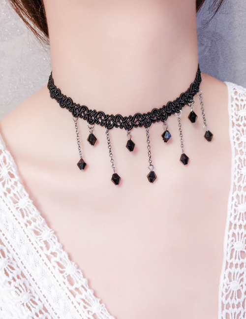 Fashion N3304 Geometric Crystal Tassel Lace Necklace