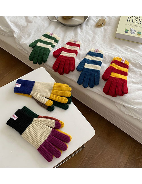 Fashion Red And Yellow Stripes Striped Contrast Knit Five Finger Gloves