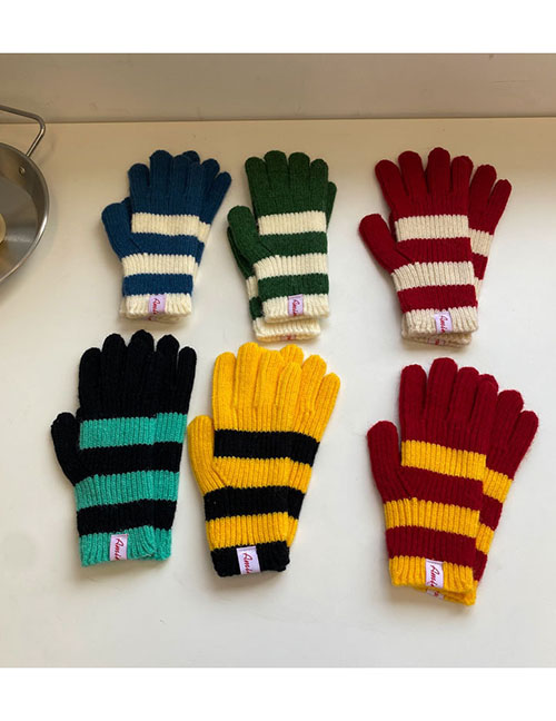 Fashion Red And Yellow Stripes Acrylic Contrast Stripe Knit Five Finger Gloves