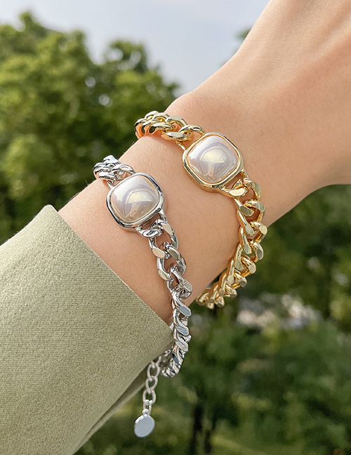Fashion Silver Alloy Pearl Square Chunky Chain Bracelet